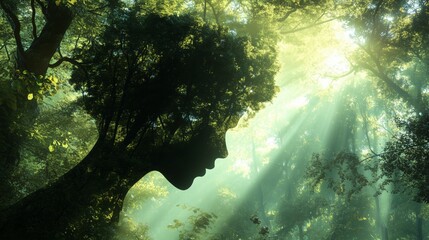 Obraz premium Woman face silhouette forest tall trees sunlight leaves natural harmony. AI generated