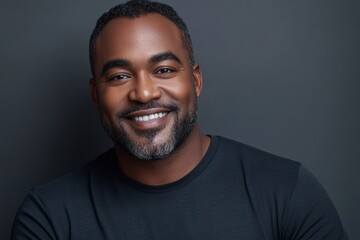 Obraz premium A mature black African man, aged 40-60, shows a calm and composed demeanor, with a warm smile that captures his thoughtful introspection and rich life experiences.