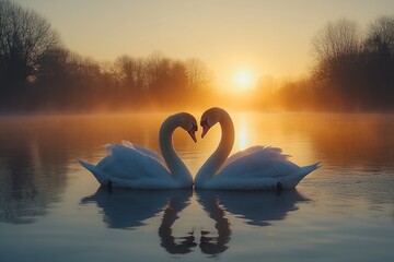 Fototapeta premium Two Swans Forming a Heart Shape in a Misty Sunrise