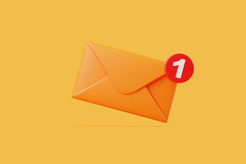 Orange envelope with a red notification badge, symbolizing a new email or message alert. 3D render illustration