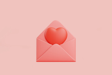 Pink envelope containing a red heart, symbolizing love, affection, or romantic communication on a soft pink background. 3D render illustration