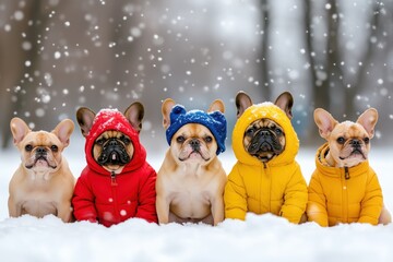 French bulldogs wearing colorful coats in the snow, winter scene.