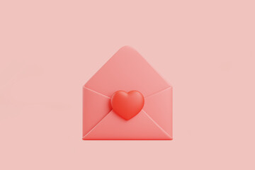 Open pink envelope with a heart symbol, symbolizing love or romance, set against a soft pink background. 3D render illustration