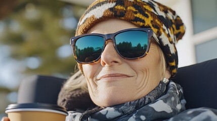 Naklejka premium Young woman drinking coffee with a view of the fall mountain village landscape. Winter traveler in resort.