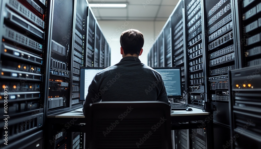Poster A man at his desk working on a computer, surrounded by large server racks and cloud storage, on a clean white background with generous copy space for a professional website design