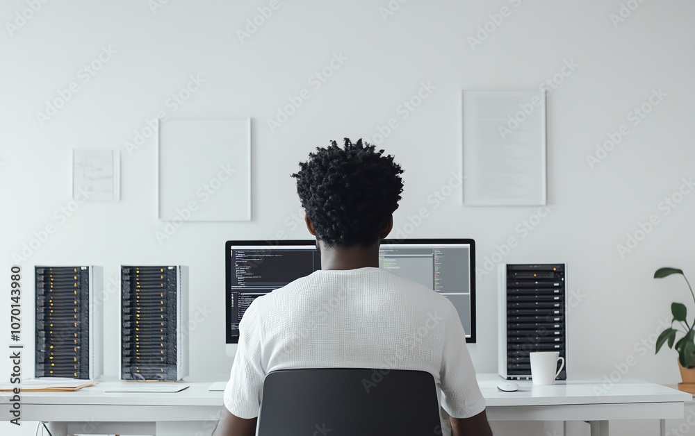 Leinwandbilder a man sitting at his desk with a computer, cloud storage, and server racks, surrounded by a white ba