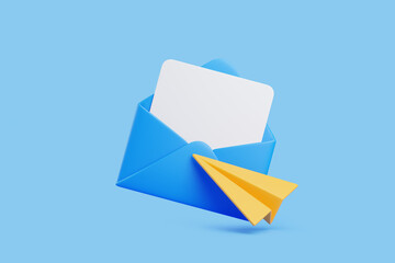 Blue envelope containing a white card with a yellow paper plane icon on a blue background, symbolizing communication, messaging, or mail delivery. 3D render illustration