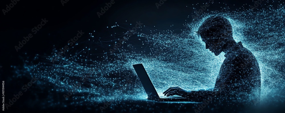 Leinwandbilder a person at a laptop with data and digital connections flowing from the screen towards them in dark 