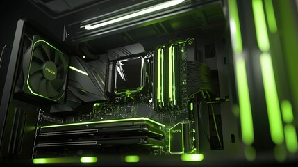 A high-performance gaming setup featuring a vertically mounted graphics card and a motherboard illuminated with bright LED lights, emphasizing a modern aesthetic. Generative AI