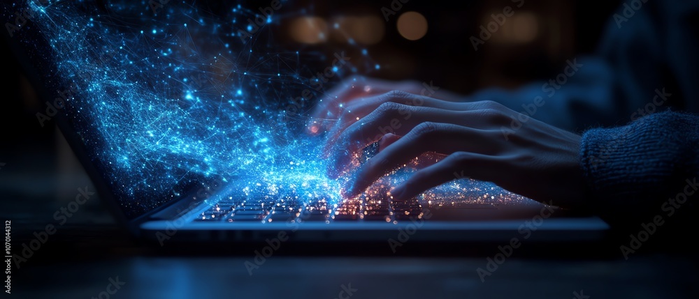 Aufkleber a person typing on a laptop, with digital connections and flowing data in dark blue tones, emphasizi