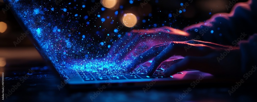Leinwandbilder a person typing on a laptop, with a stream of digital data and connections flowing from the screen i