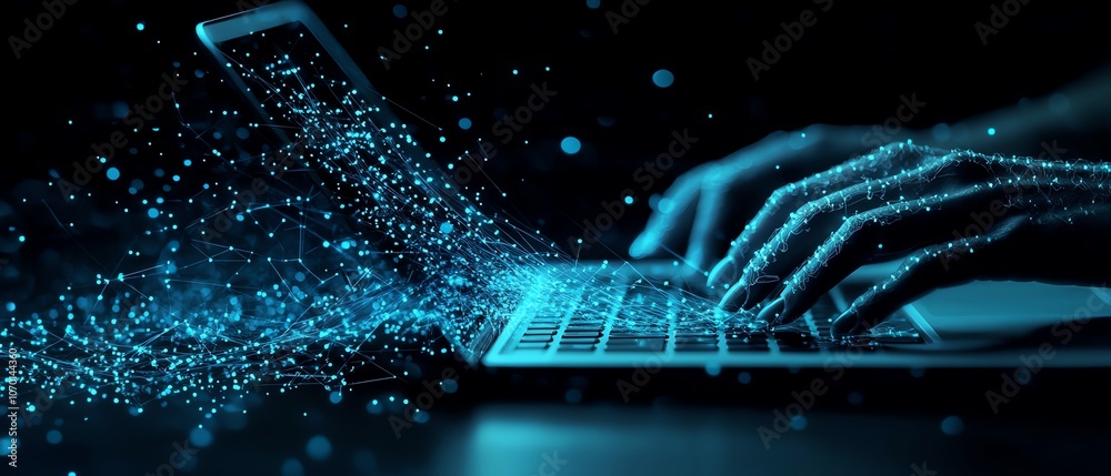 Aufkleber a person typing on a laptop, with digital connections and flowing data in dark blue tones, emphasizi