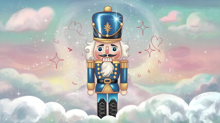 Colorful illustration of a nutcracker soldier with a whimsical background, creating a magical festive atmosphere