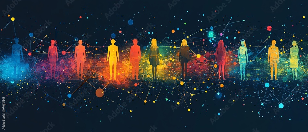 Aufkleber Interconnected figures in a digital network, representing different people and groups, showcasing modern digital space and virtual connections