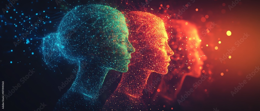 Fototapete Interconnected figures in a digital network, representing different people and groups, showcasing modern digital space and virtual connections