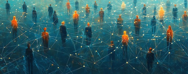 Multiple interconnected digital figures, each representing different people or groups, within a vast network in the digital space