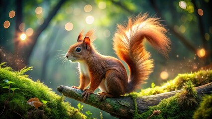 Obraz premium Red Squirrel in Lush Green Forest with Bokeh Effect, Nature Photography, Wildlife Close-Up, Forest Background, Cute Animal, Natural Habitat, Furry Creatures, Outdoor Adventure