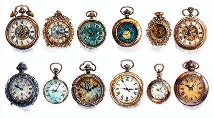 A collection of vintage pocket watches showcasing intricate designs and various colors displayed against a neutral background