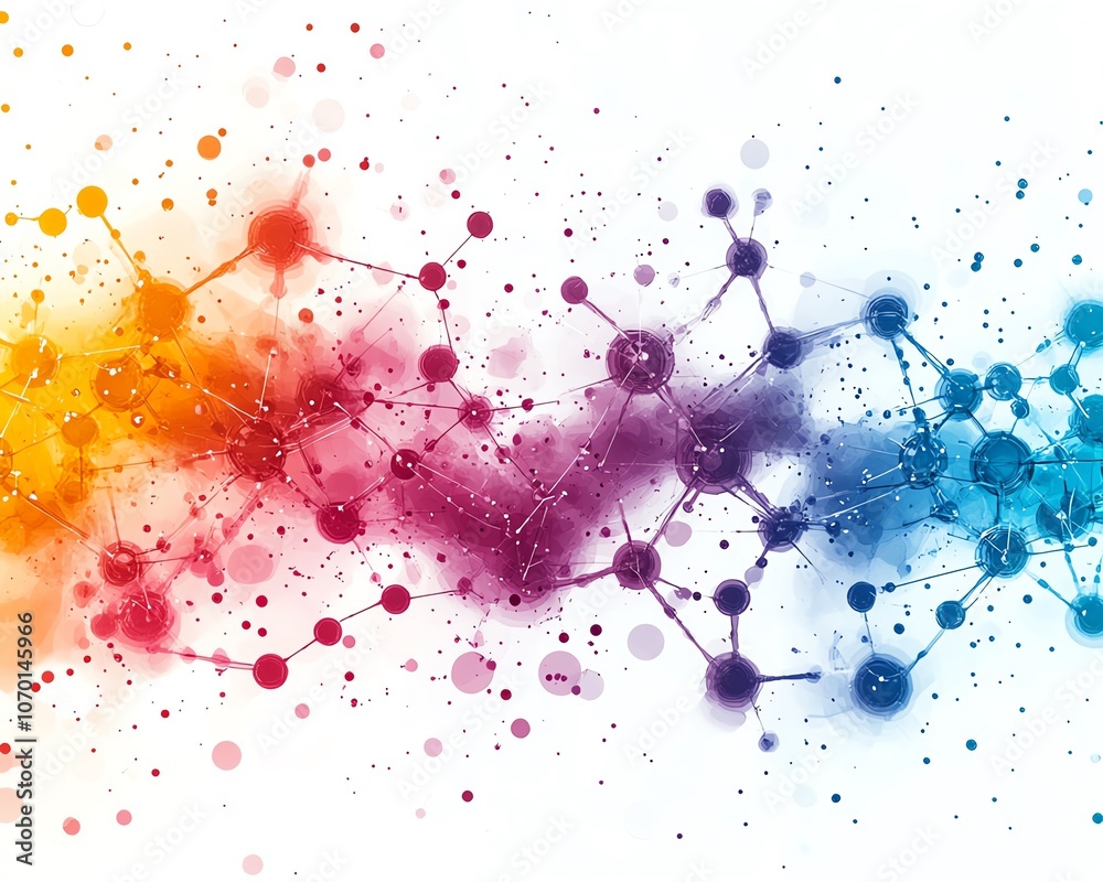 Leinwandbilder Vibrant and colorful abstract geometric patterns combined with molecular structures on a white background, conveying creativity and modern design
