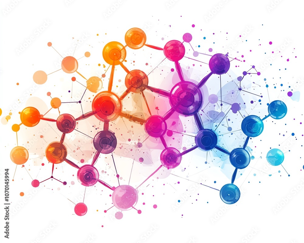 Poster Vibrant and colorful abstract geometric patterns combined with molecular structures on a white background, conveying creativity and modern design