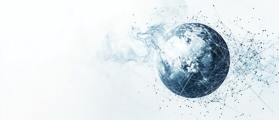 Planet Earth surrounded by connection lines, abstract global network design with a greyblue color scheme and white space for logo or text