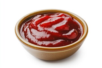 Close-up of a bowl of red sauce, isolated on a white background.