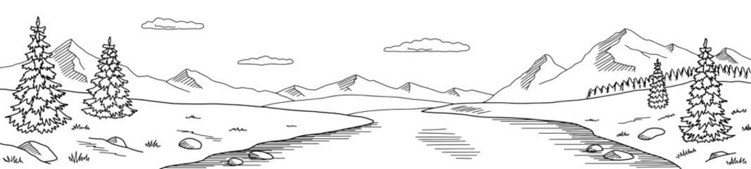 Mountain river graphic black white landscape long sketch illustration vector  © aluna1