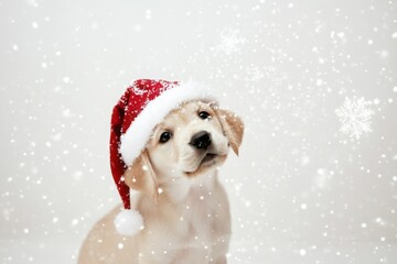 Adorable puppy wearing a Santa hat surrounded by falling snowflakes