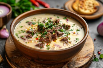 Creamy soup with meat and herbs sprinkled with red pepper in a wooden bowl, ready to be enjoyed