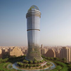 Cityscape silhouette against a fiery sunset sky, with towering skyscrapers and modern architecture dominating the urban skyline