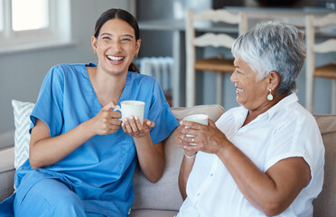 Nurse, patient and coffee for retirement, healthcare and support with laugh, joke and break. Women,...