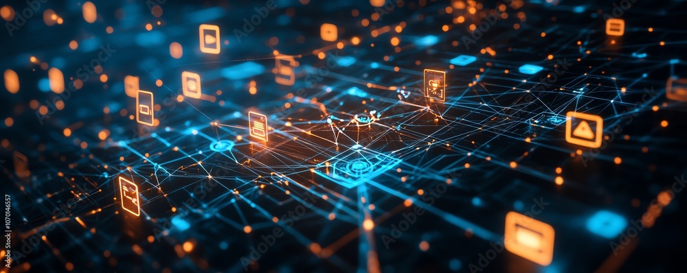 Poster A global network of people, each symbolized by digital icons, connected in a web of online interaction and communication