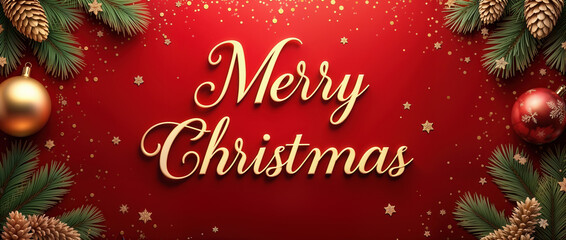 Merry christmas golden lettering with pine branches and ornaments on red background