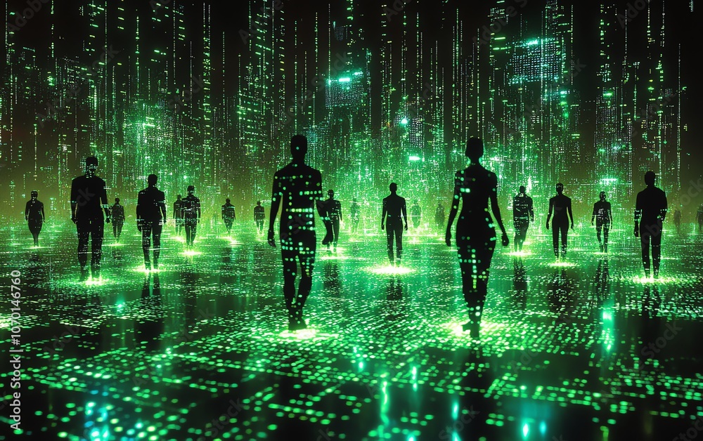 Aufkleber A web of interconnected digital figures, each symbolizing different people or groups, forming a network in the virtual space of digital interaction