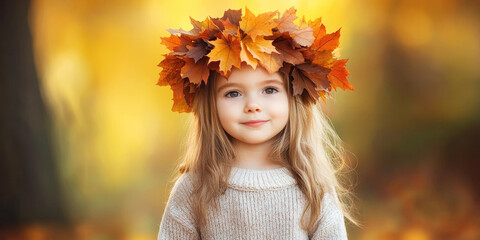 Fototapeta premium Smiling young girl wearing a crown of maple leaves, standing outdoors in warm autumn light with a soft, golden background, embodying the joy and beauty of the fall season..