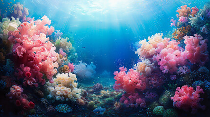 Fototapeta premium Vibrant Underwater Coral Reef Scene with Sunlit Water and Colorful Marine Life