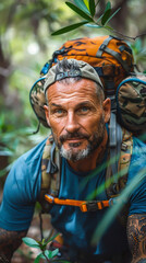 Obraz premium Experienced Male Hiker with Backpack Exploring Dense Forest