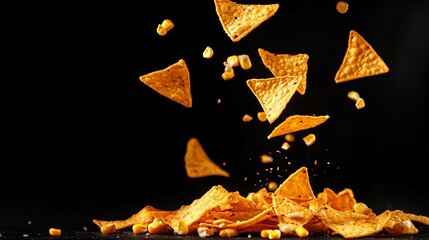 Falling corn chips, hot Mexican nachos isolated on black background