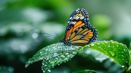 Obraz premium A colorful butterfly rests on a dew-covered leaf in a lush green forest.