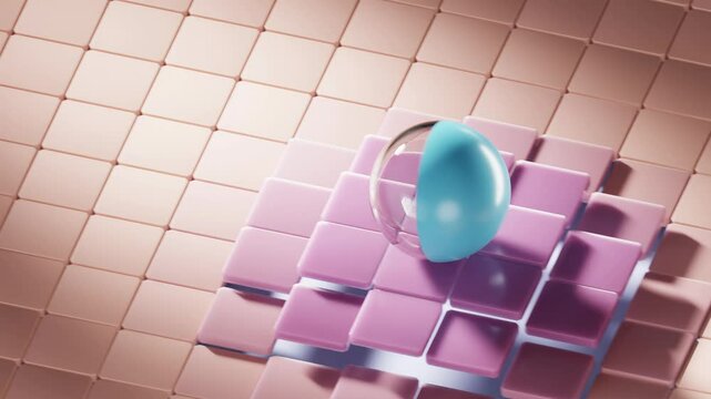 abstract colorful motion graphic, infinite rolling glass sphere on floating square platforms, 4k seamless loop