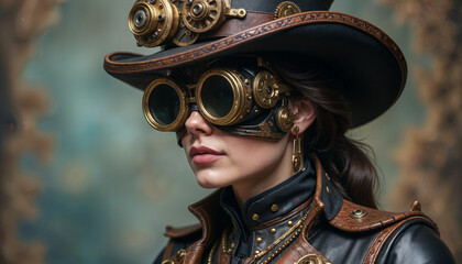 Steampunk Woman In Elaborate Goggles and Hat With Gears. Portrait of a woman in a detailed steampunk outfit featuring ornate goggles and a gear-adorned hat. Generated AI