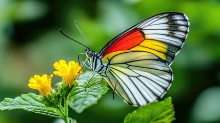 Obraz premium A colorful butterfly with red, yellow, and black wings perched on a yellow flower with green leaves.