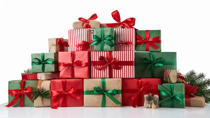 Stack of Christmas presents wrapped with red and green ribbons, isolated on a white background. PNG transparent.