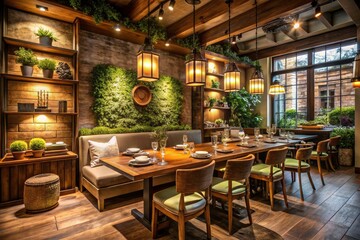 Fototapeta premium Sophisticated Restaurant Corner with Rustic Charm and Warm Lighting