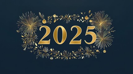Golden 2025 new year's greeting with a wreath of fireworks and floral details.