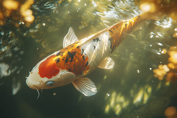 Colorful koi fish swimming in a pond with sunlight shining through the water.