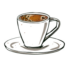 Fragrant espresso coffee. White coffee cup on a saucer. Watercolor hand drawn illustration in sketch style on white background