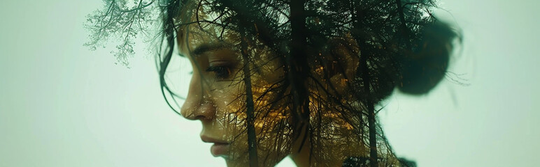 Naklejka premium Abstract Double Exposure: Woman's Profile with Intricate Forest Overlay for Artistic Design