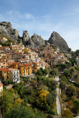 The picturesque village of Castelmezzano on the scenic rocks of the of the Apennines Dolomiti Lucane, Basilicata, Italy