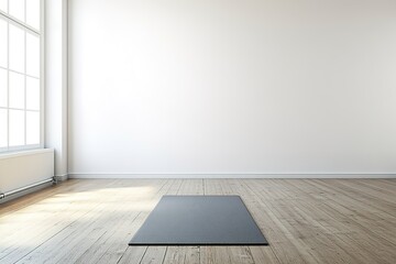 Bright room with black mat on wooden floor near window